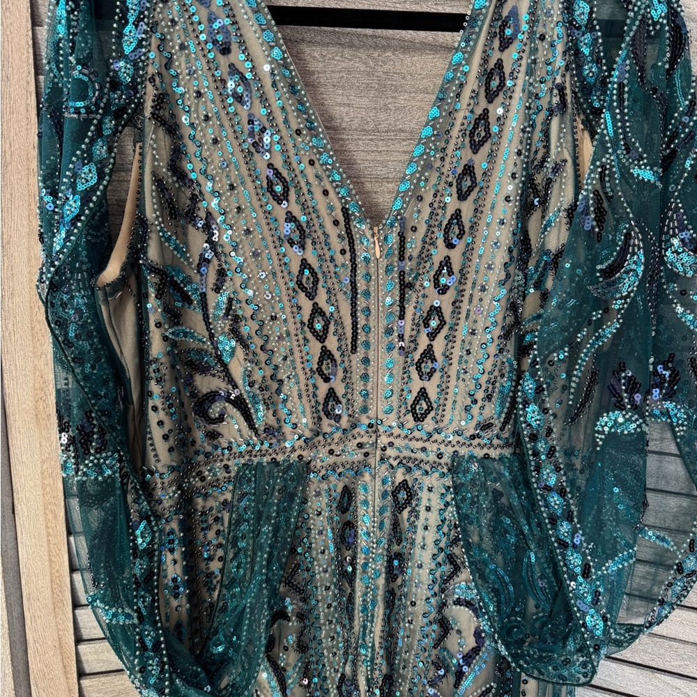 Babeyond 1920s Gatsby Beaded Dress Size 16 Teal Art Deco Formal Gown - Picture 6 of 12